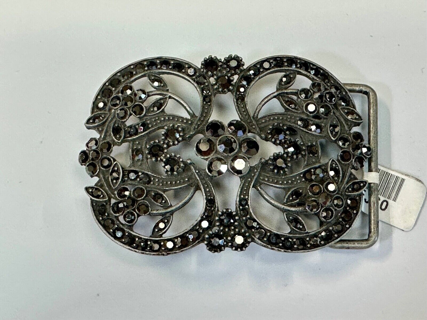 Black rhinestone accented metal flower pattern NOS Funky Junque belt buckle