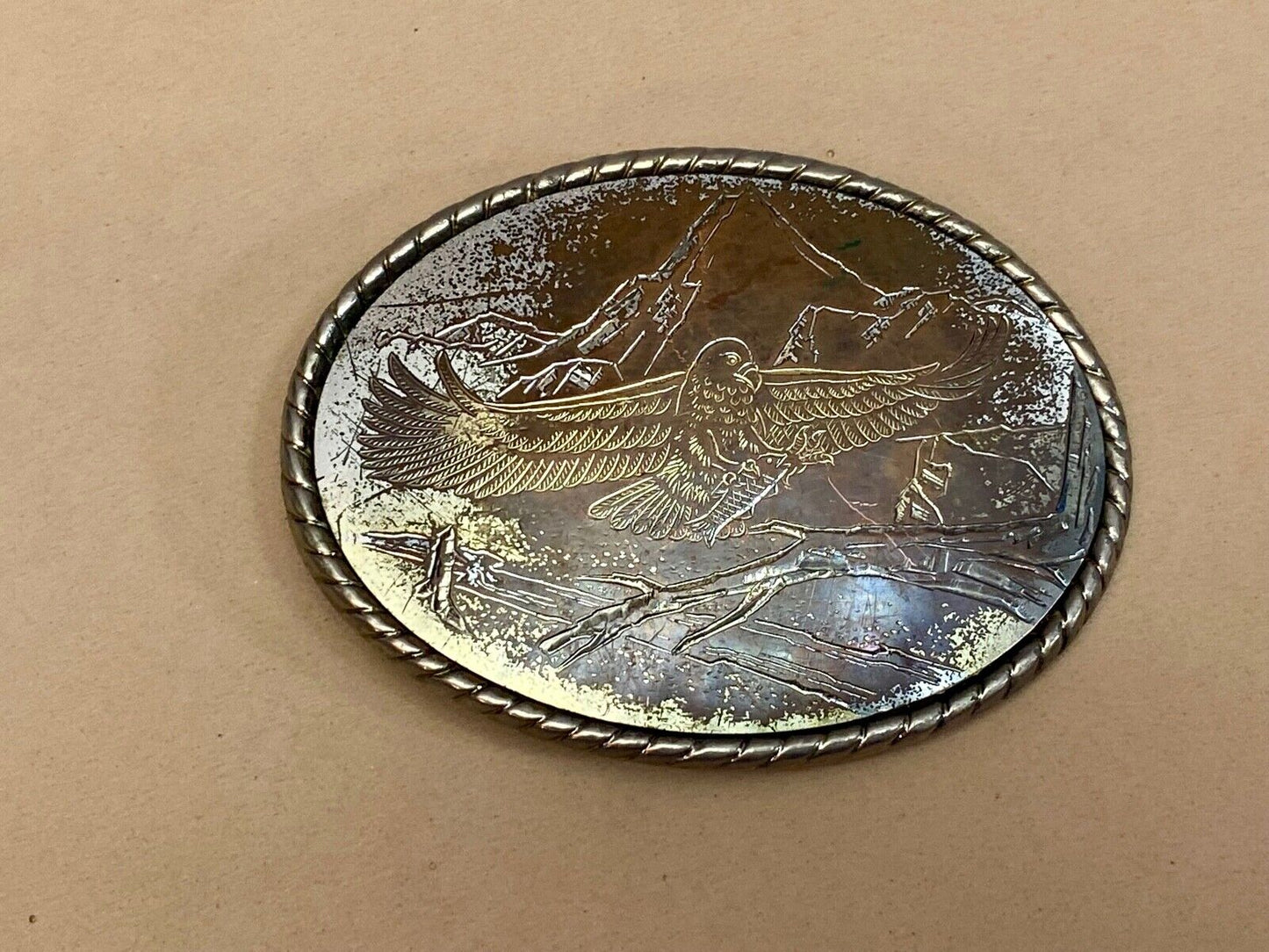 Vintage Engraved Western Ware Eagle Over Mountainside Belt Buckle Signed W