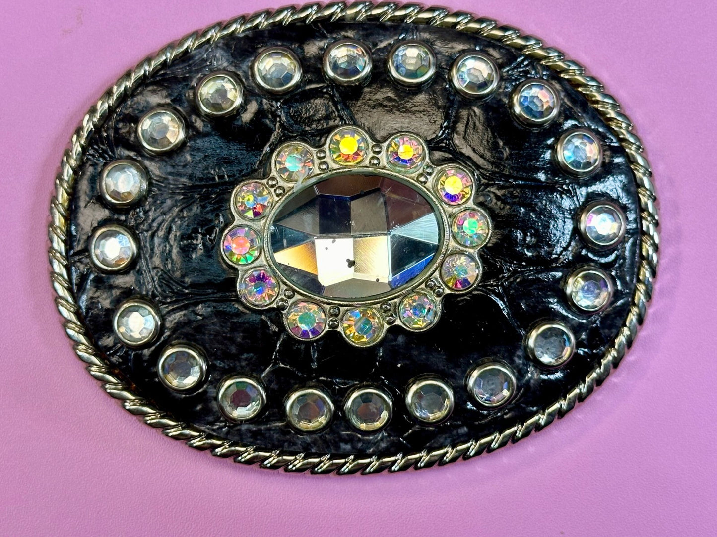 Beautiful Clear Rhinestone Bling Leather on Metal Vintage Belt Buckle