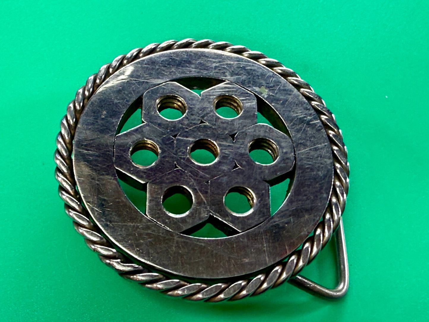 Artisan Welder's Art Handmade Abstract Open Work Round Silver Color Belt Buckle