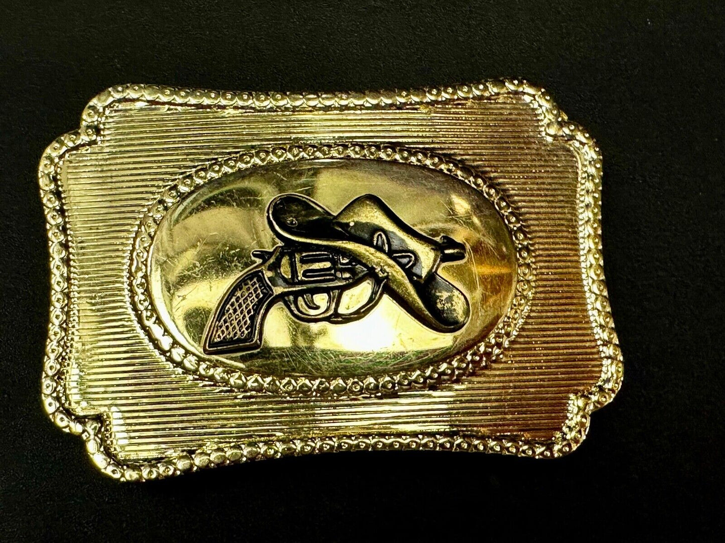 Vintage Cowboy Hat & Revolver Pistol Western Belt Buckle Cap Gun Buckle