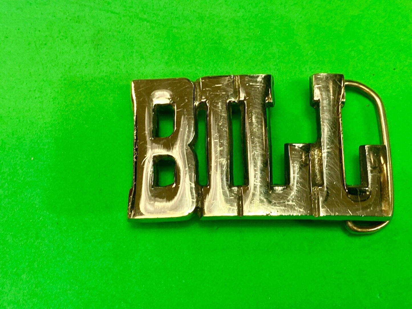 BILL - Name in Cutout block letters solid brass belt buckle stamped Taiwan ROC