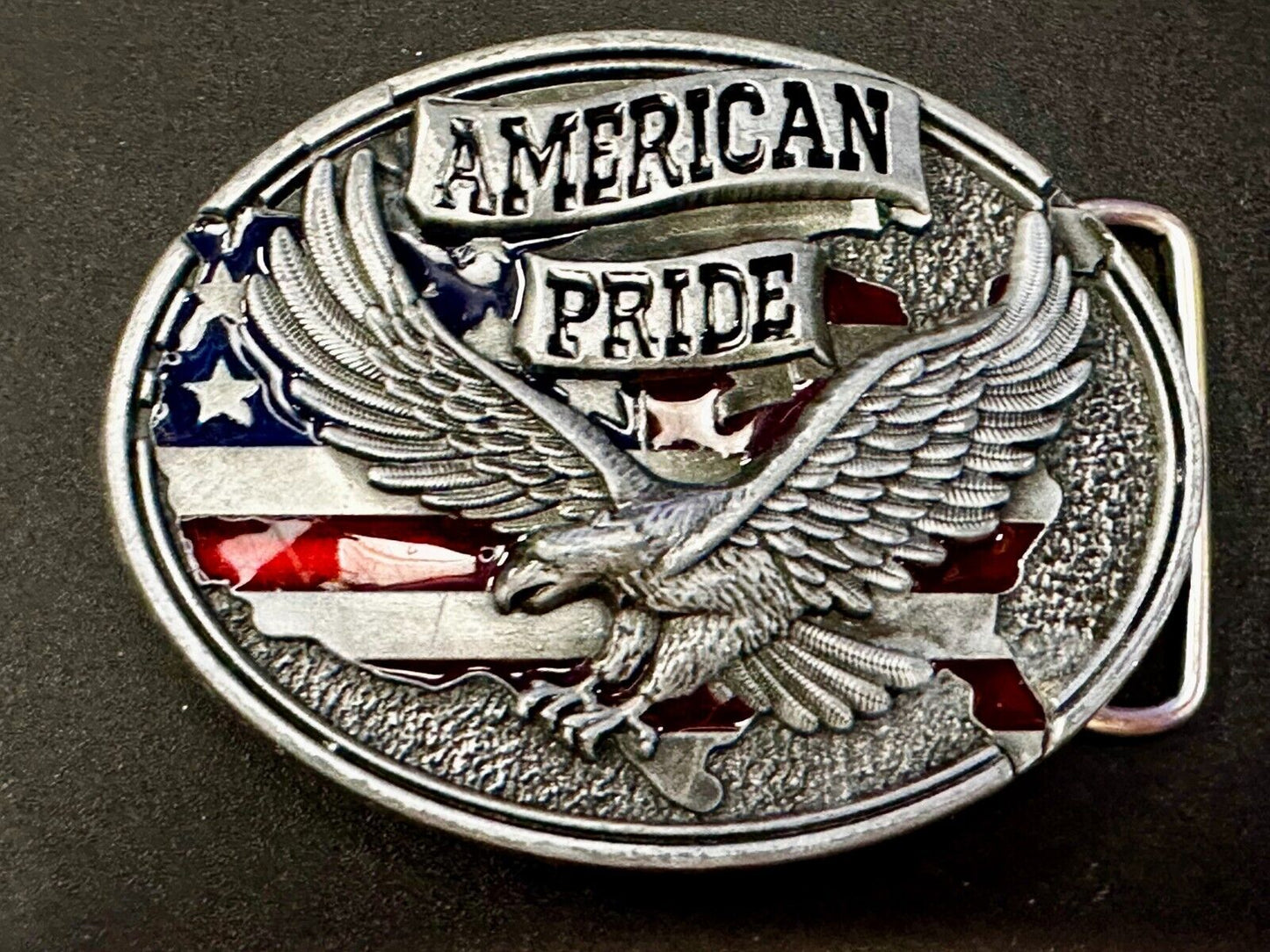 American Pride -Soaring Flying Eagle USA Flag Silver Color Patriotic Belt Buckle