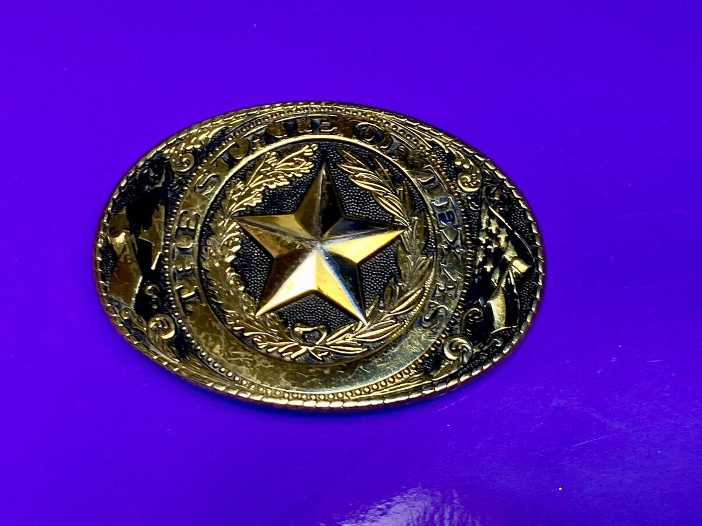 The State Of Texas Star Flag Ornate Gold Color Western Belt Buckle Marked W