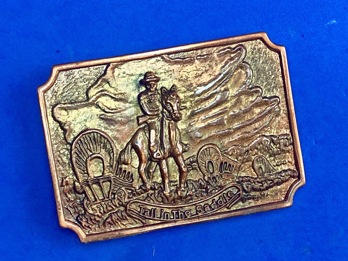 Tall In The Saddle Masked Cowboy And Covered Wagon Western Art Belt Buckle