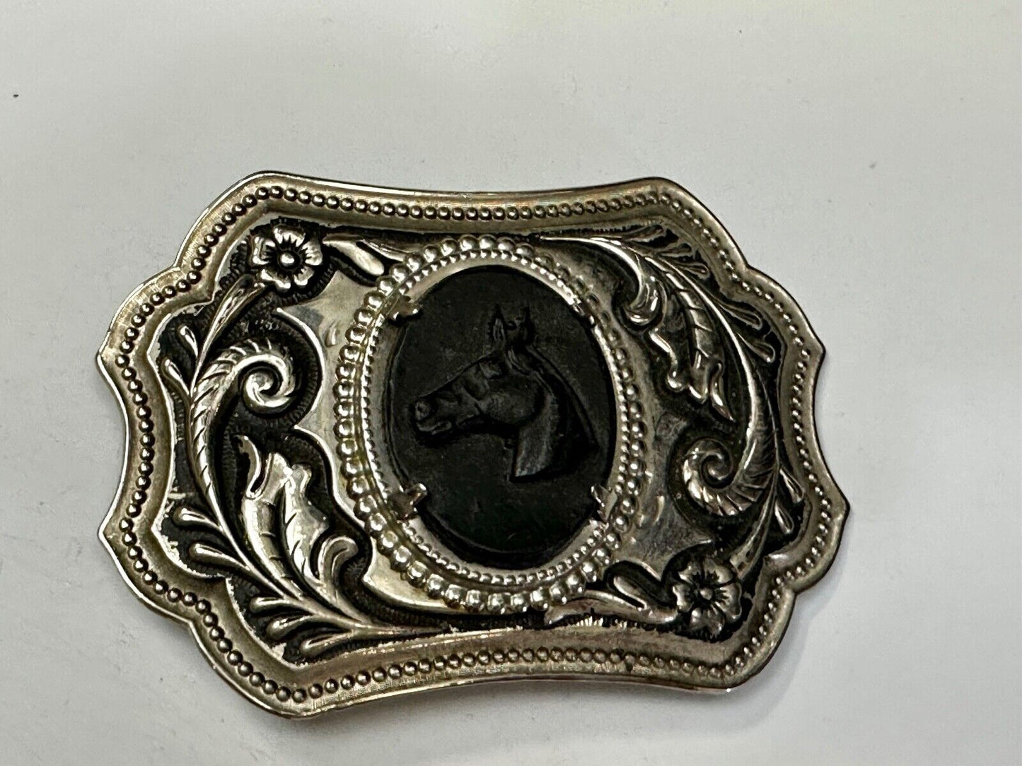 Black Horse Head Cabochon Cab Shaped Centerpiece on Western Belt Buckle