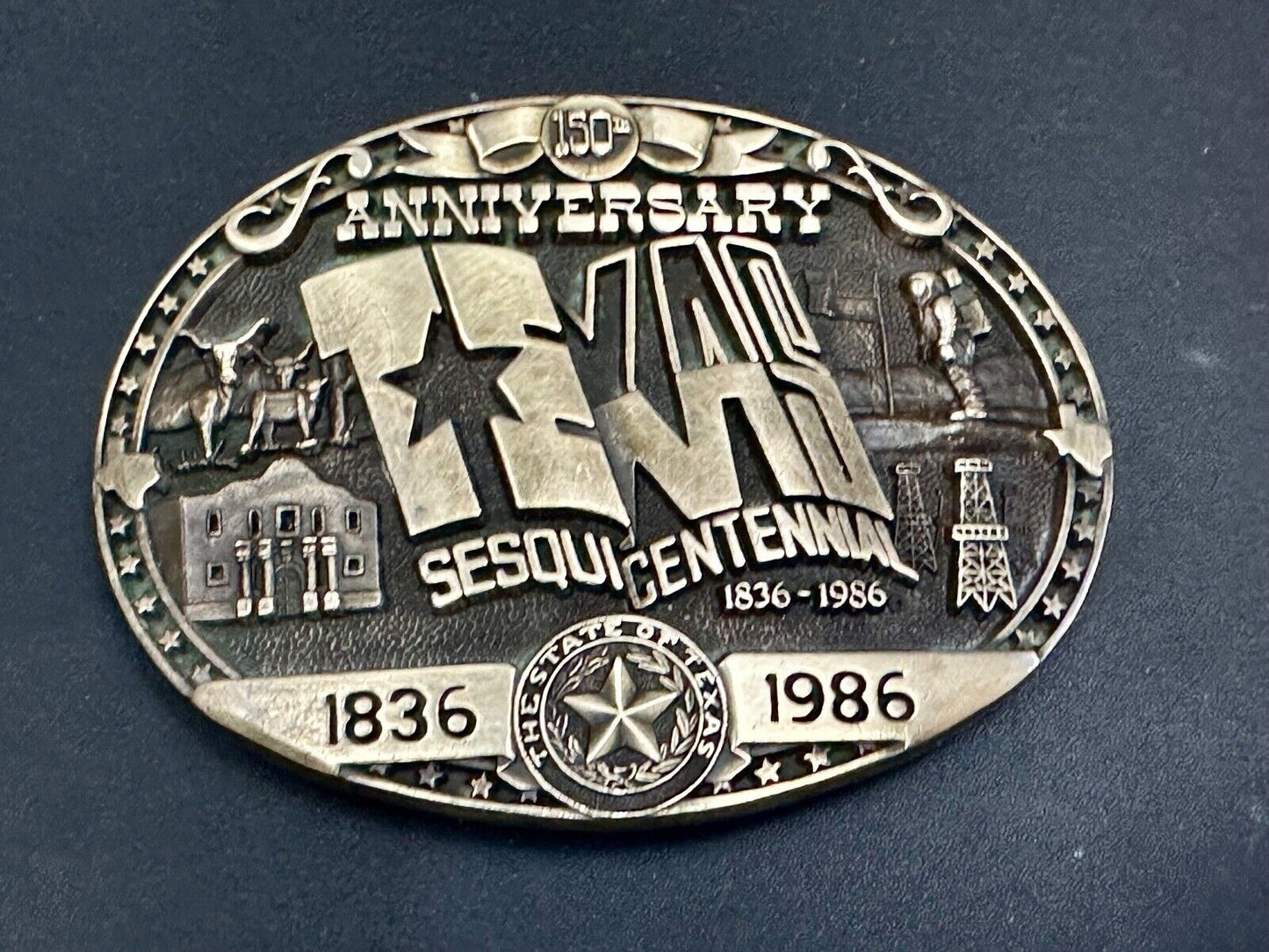 Texas Sesquicentennial 150 year celebration solid brass ADM belt buckle