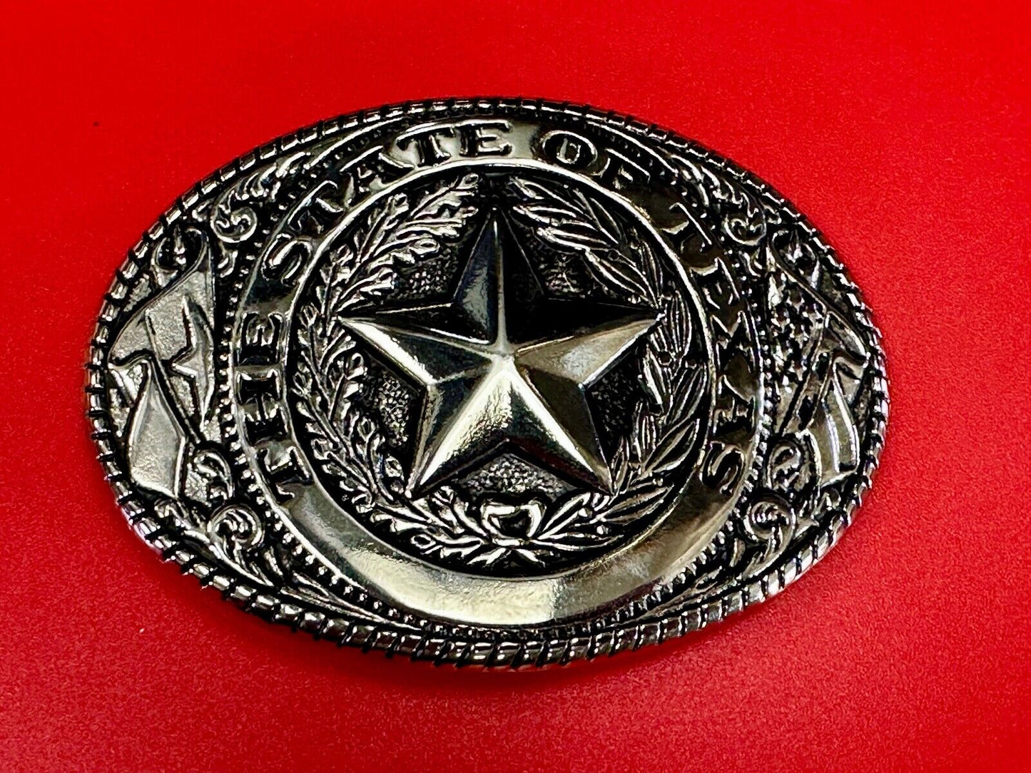 The Great State of Texas - Lone Star Flags seal silver tone NOS belt buckle