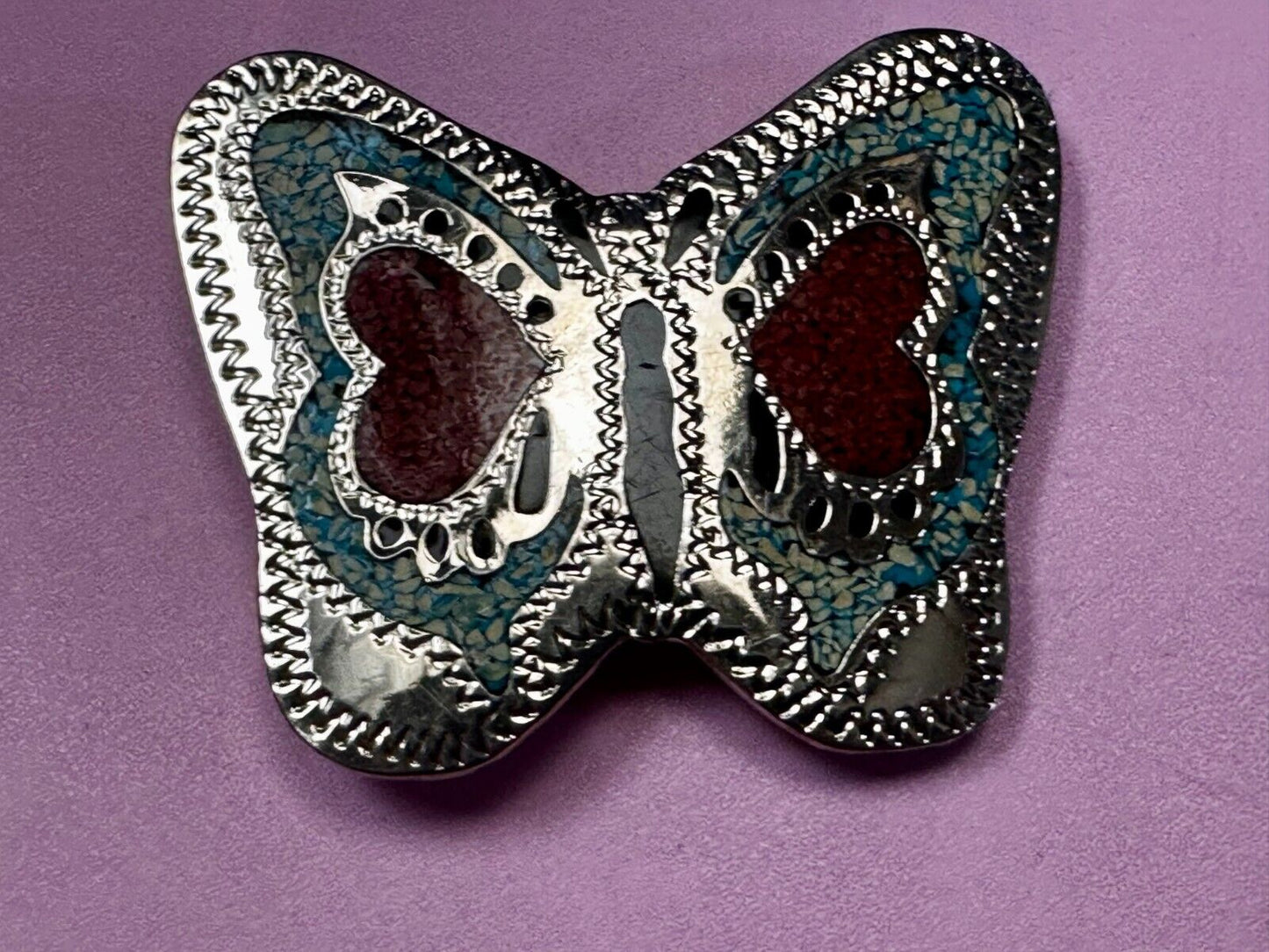 Beautiful Butterfly Figural Turquoise Coral Chips Inlay Cutout 3" Belt Buckle
