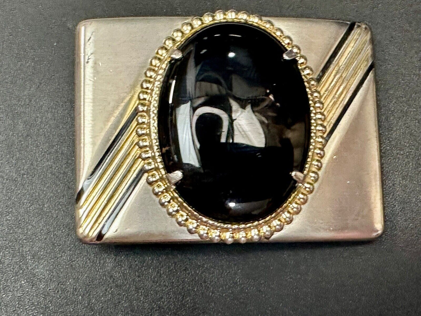 BALCK AGATE Cabochon Stone Centerpiece on retro sideways striped Belt Buckle