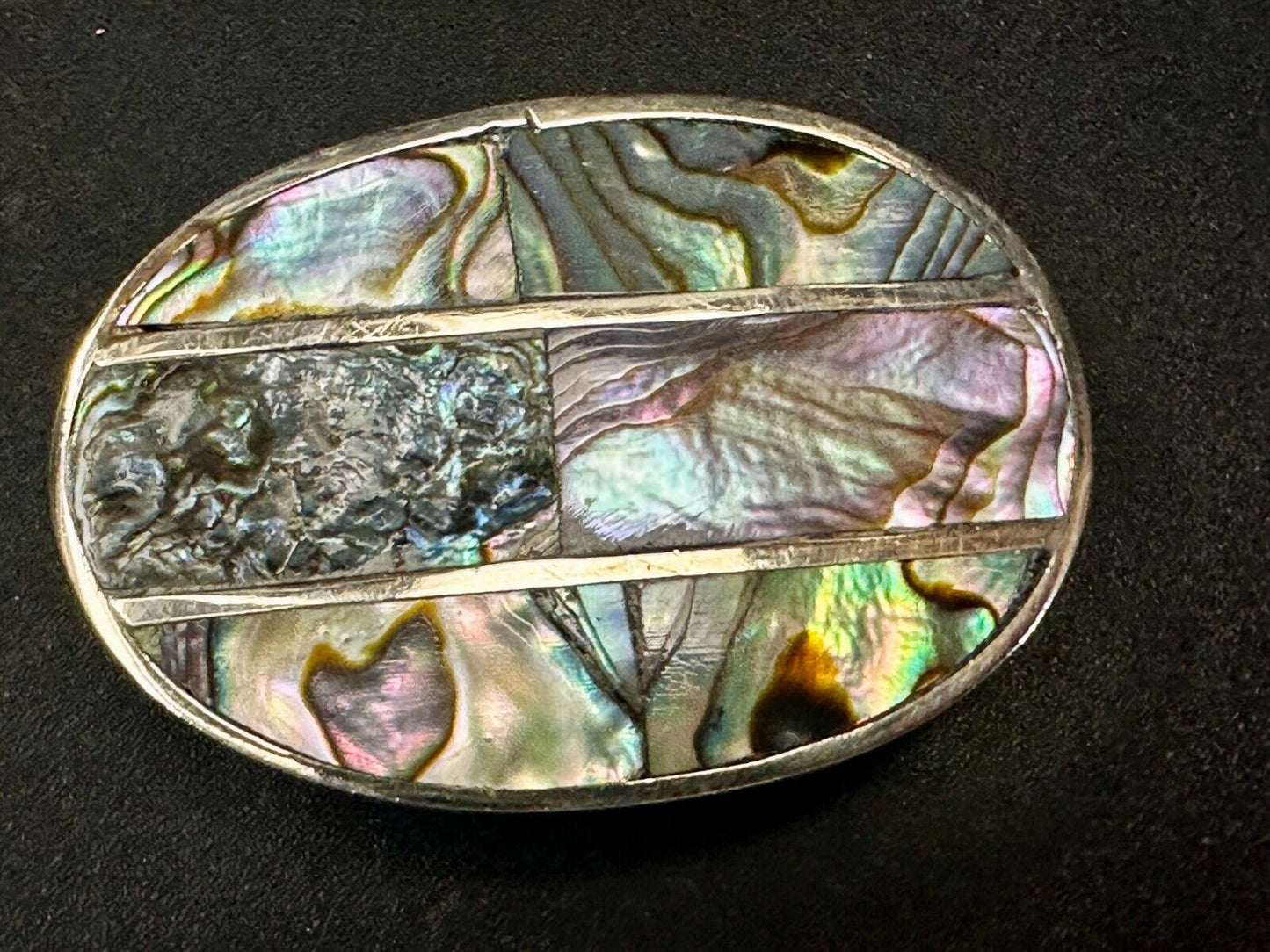 Artisan Natural Abalone Shell Vintage Oval Belt Buckle Marked Mexico