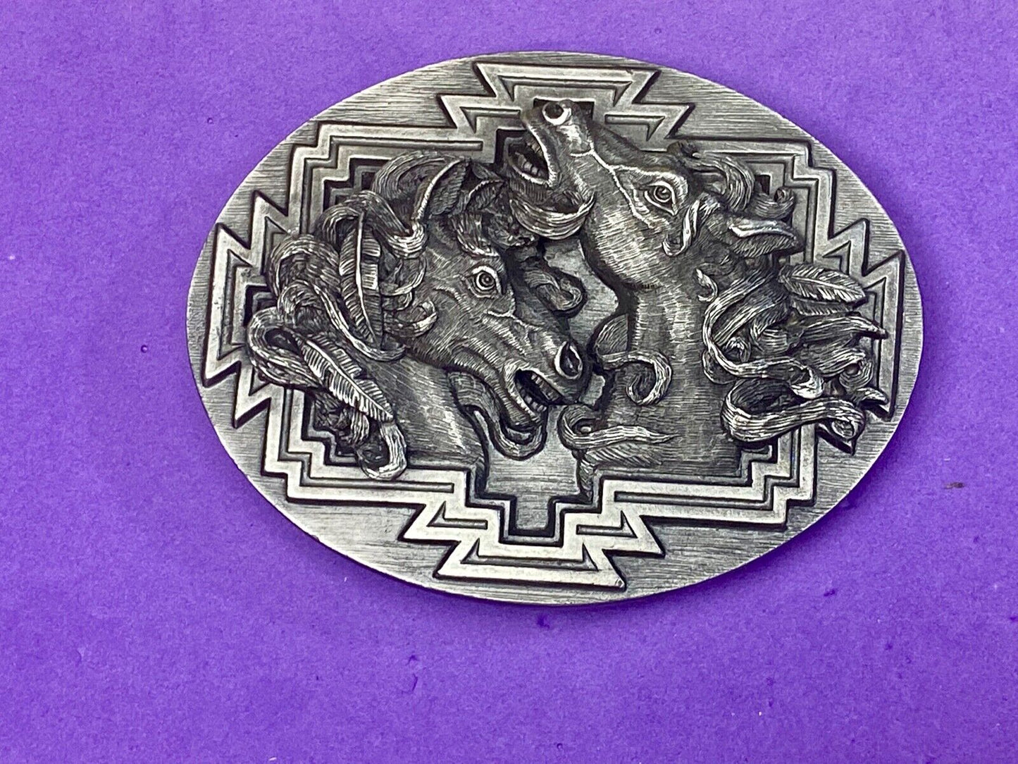 1995 Two Horse Head's Native American Indian Feather Bergamot B-256 belt buckle