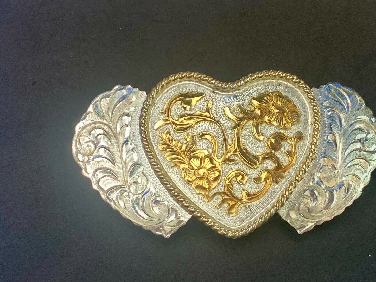 Three Hearts Flower Ornate Quality! Jg Hallmark Vintage Belt Buckle