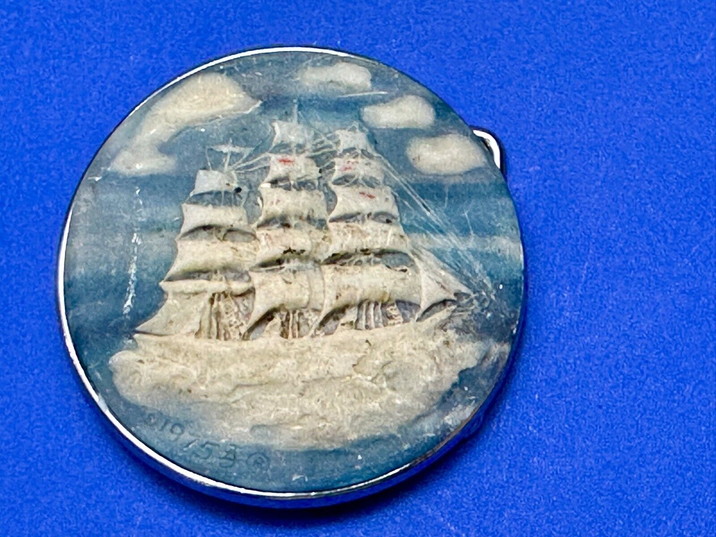 3-Masted Schooner Ship Carved Incolay Stone Cameo Vintage 1975 belt buckle