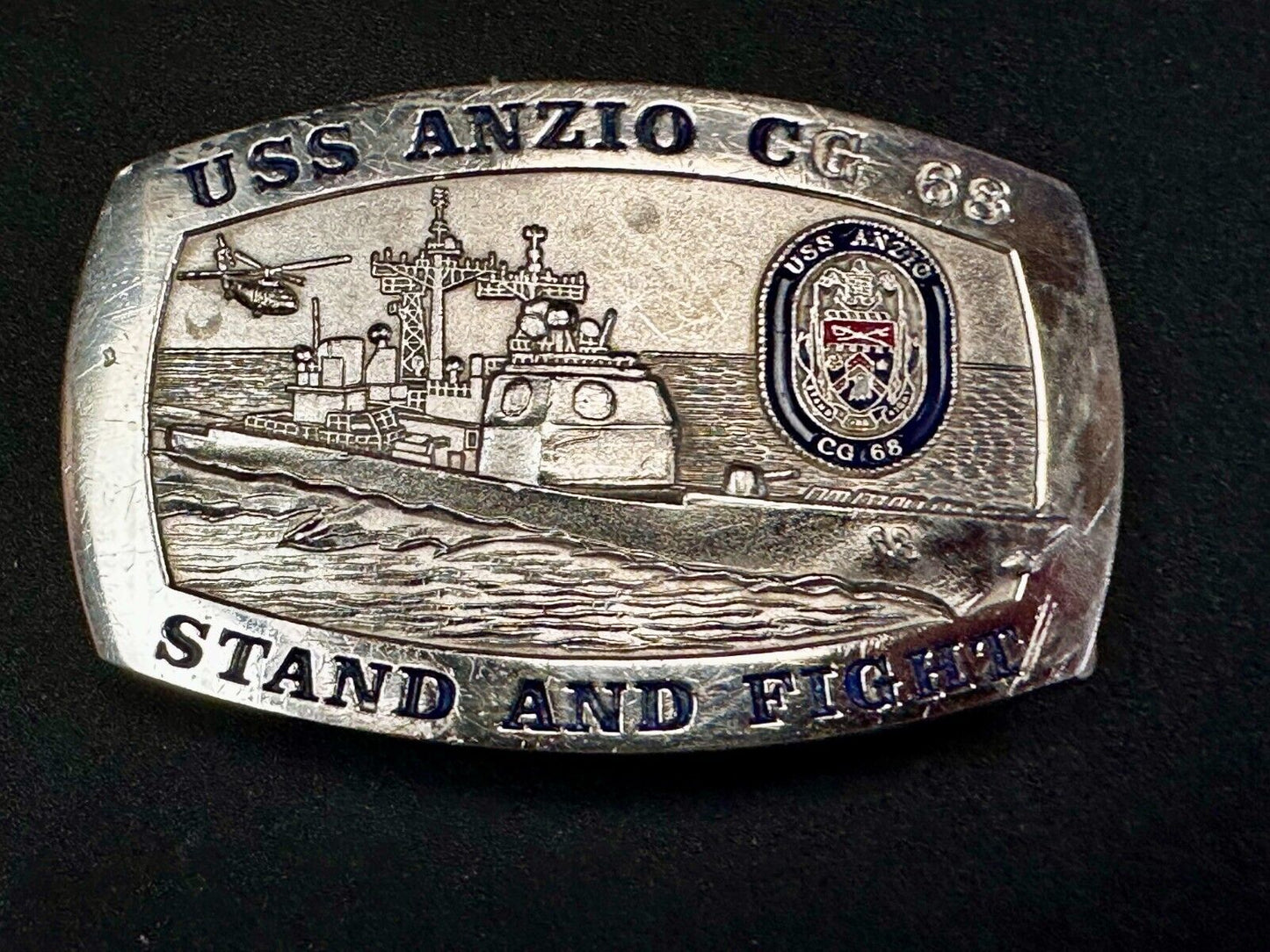U.S.S. Anzio CG 68 Missile Cruiser Ship Stand and Fight US Navy Vtg. Belt Buckle