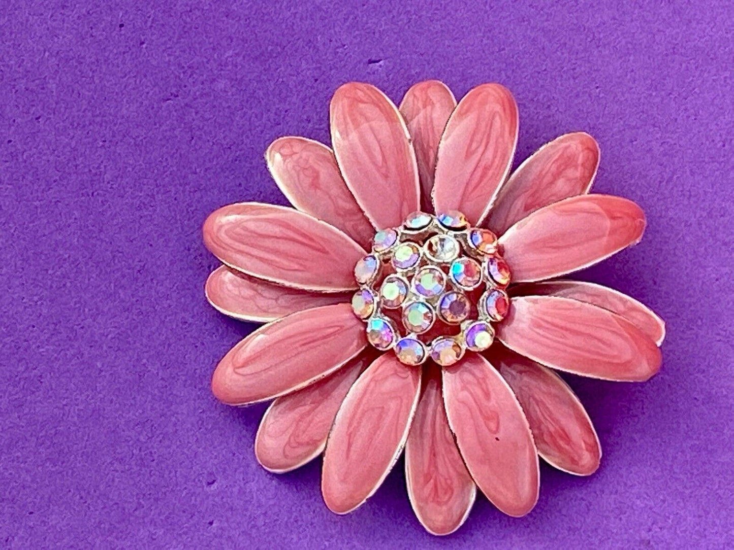 Beautiful Rhinestone Accented Otc Pink Flower Figural Silver Tone Brooch