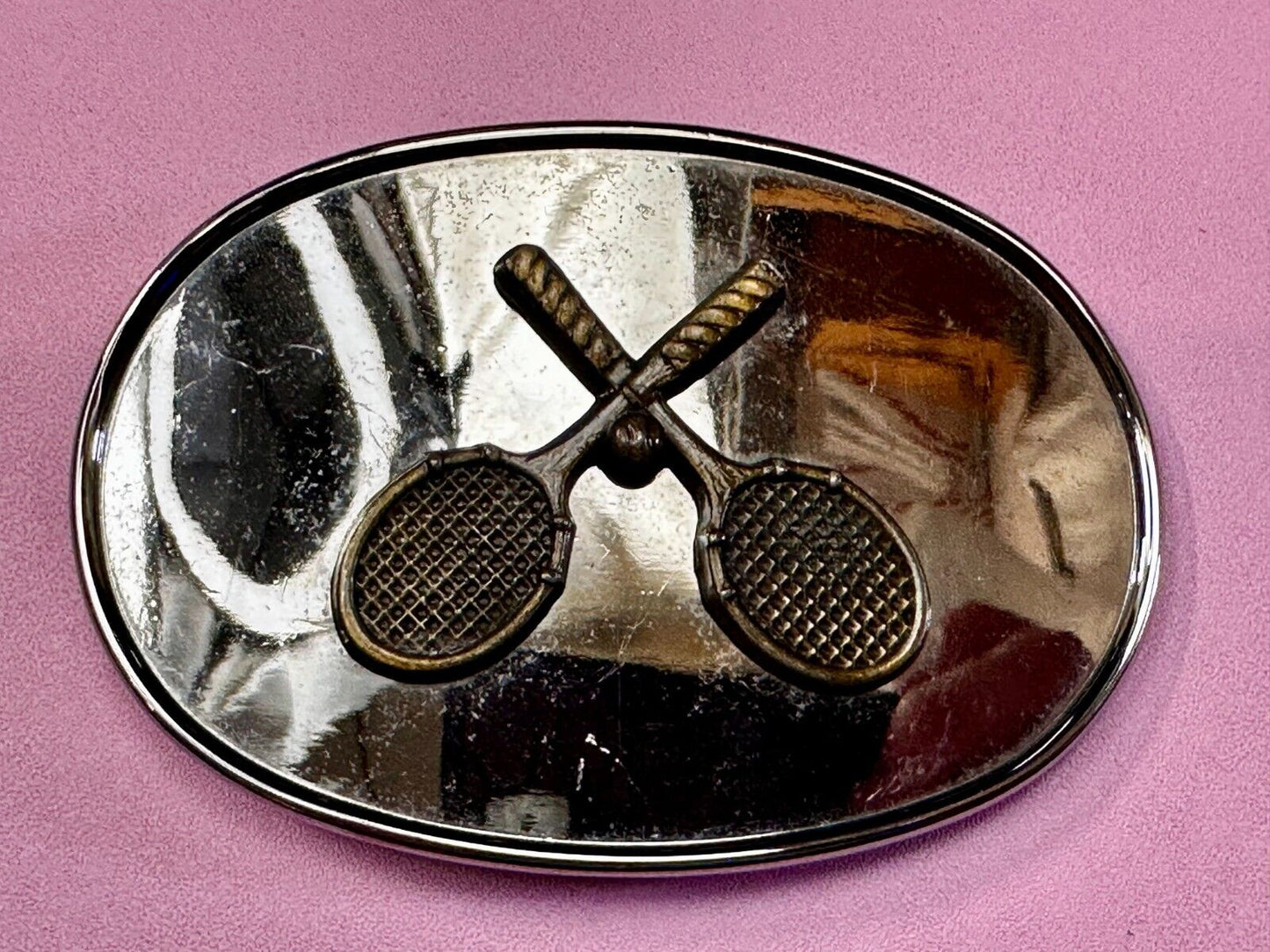 Tennis Racquet's Sports Fan's Vintage Two Tone Reflective Oval Belt Buckle