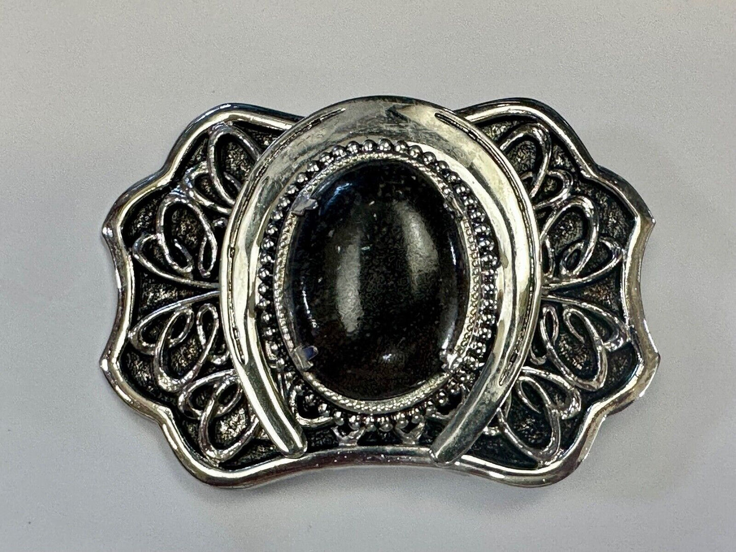 Beautiful Black Detailed cabochon cab stone centerpiece on horseshoe belt buckle