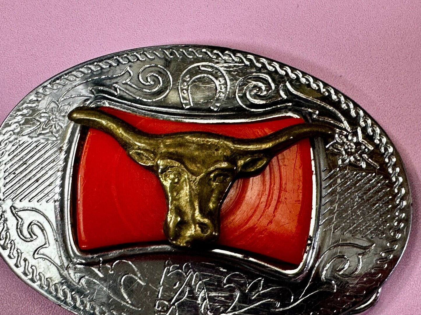 Texas Longhorn Cattle Bull Orange Enamel Backed Western Style Belt Buckle
