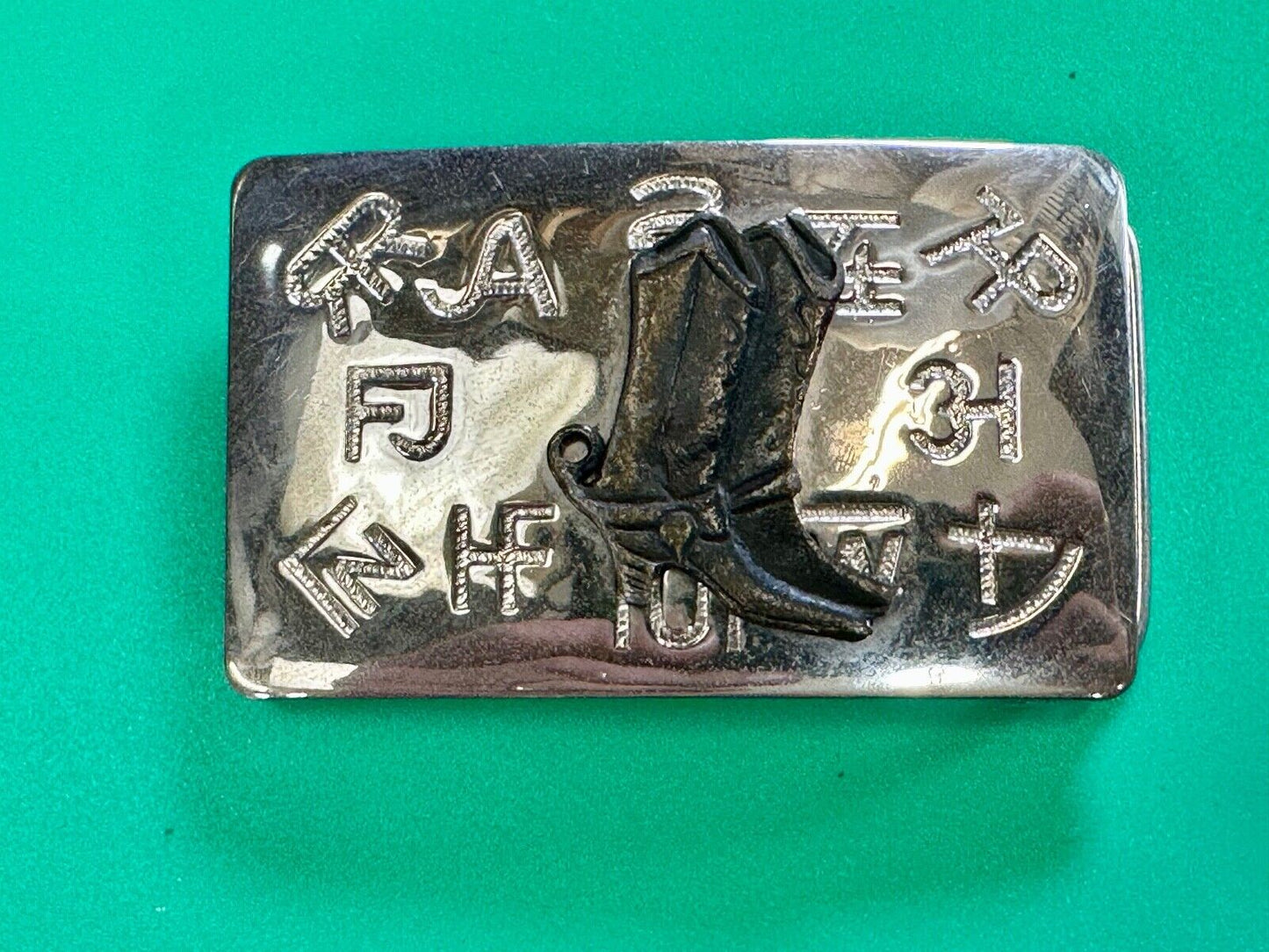 Vintage Chambers Western Cowboy Boots and cattle branding symbols belt buckle