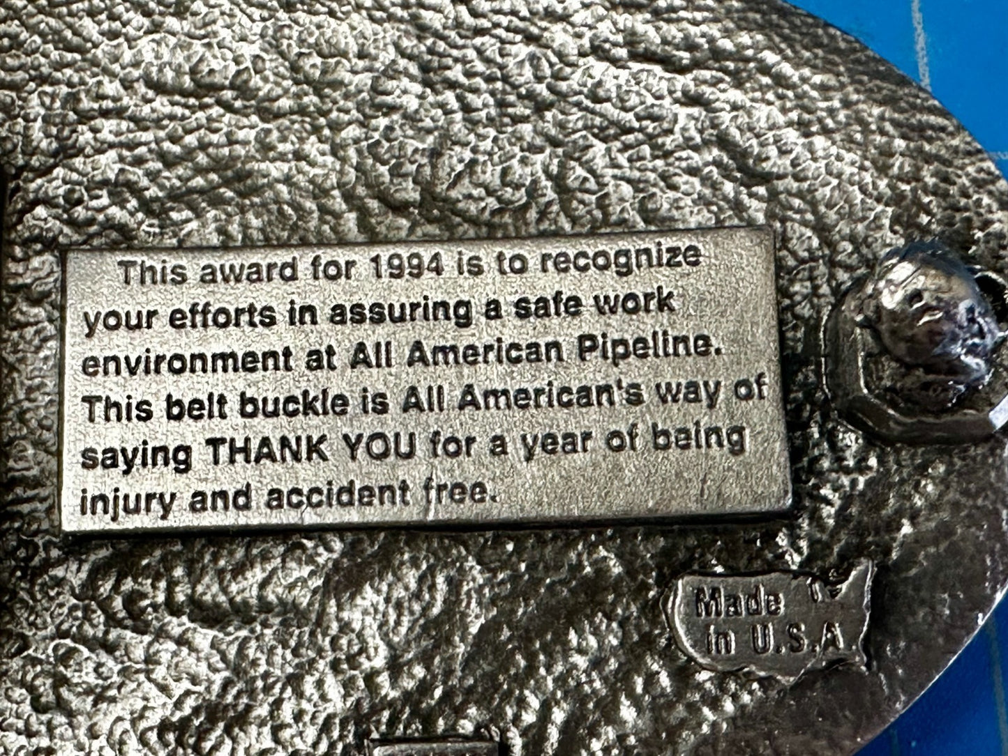 All American Pipeline Company Safety Award Worker Commemorative 1994 Belt Buckle