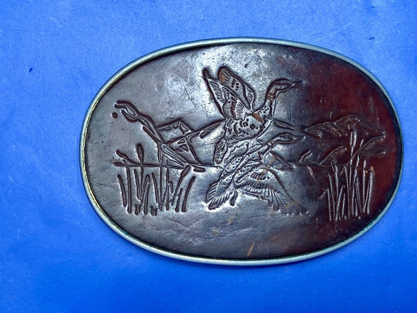 Vintage Ducks taking off flying from pond - nature leather belt buckle