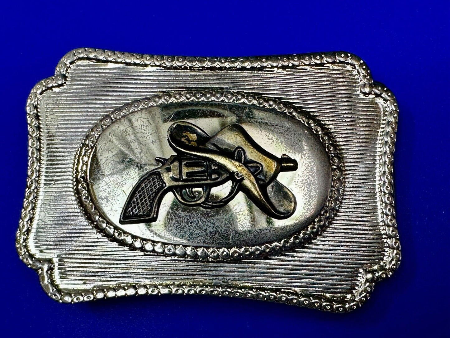 Vintage Cowboy Hat & Revolver Pistol Western Belt Buckle 6 Shooter Gun Buckle
