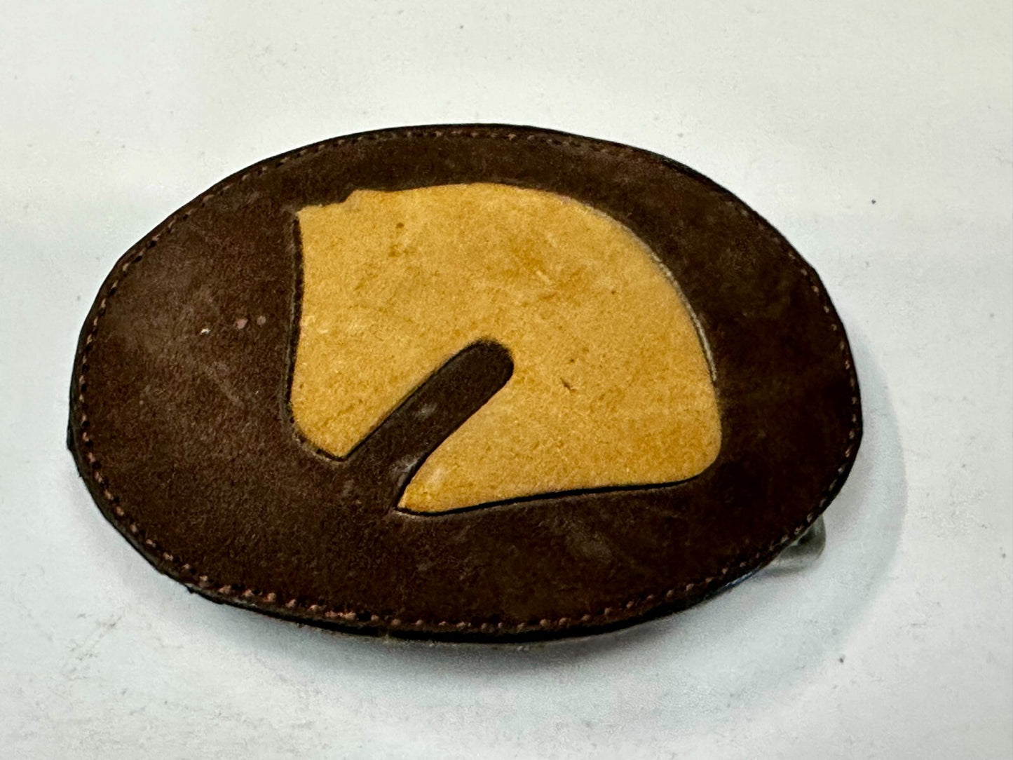 Abstract Horse Head - Brown Leather Stitched Vintage Belt Buckle