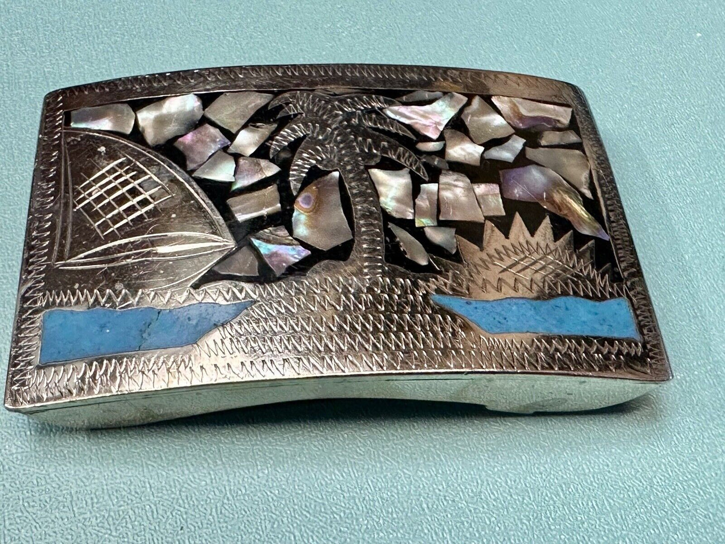 Beach Scene with Palm Tree - Inlaid Turquoise, Abalone Shell Vintage belt buckle