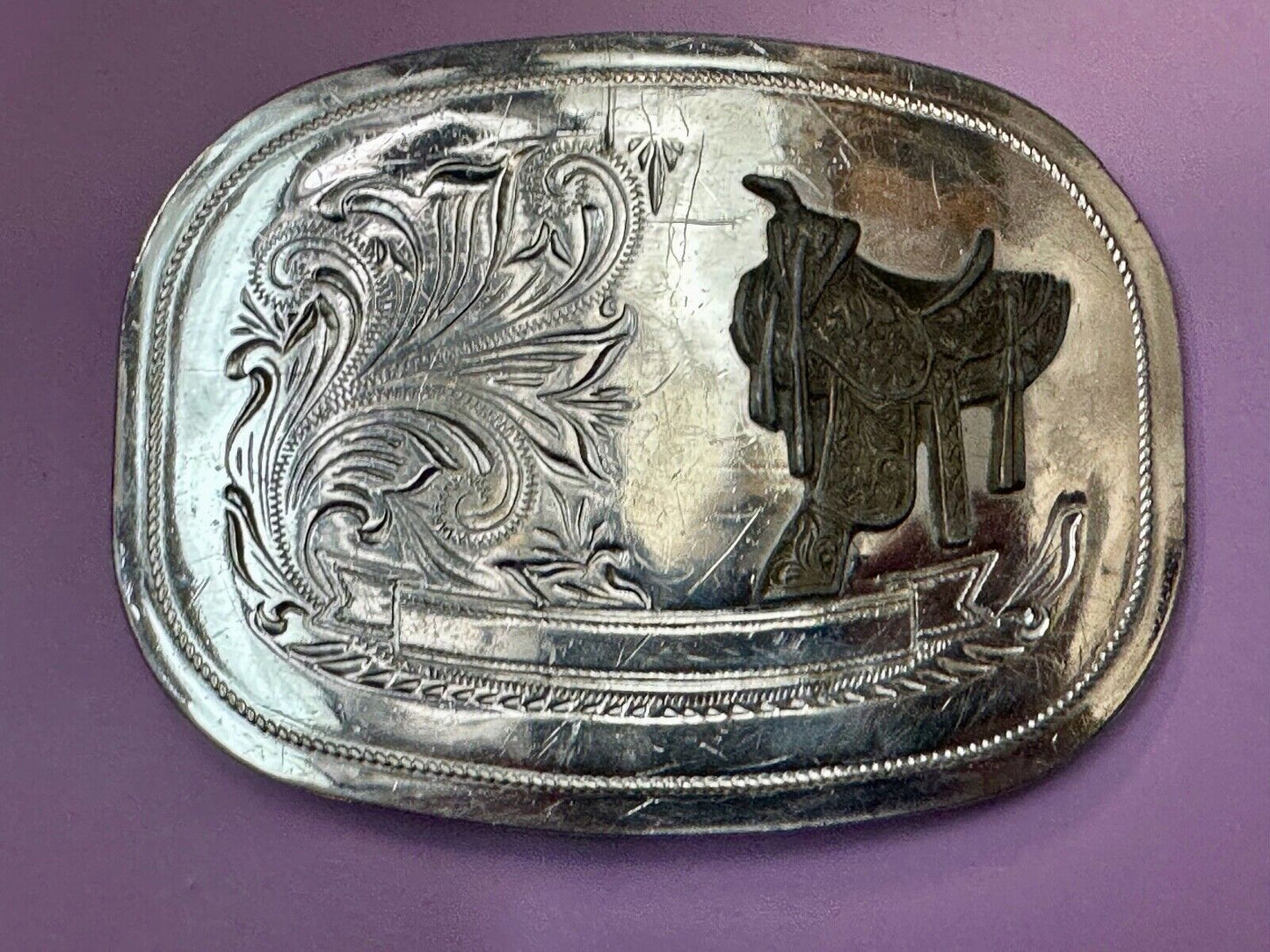 Vintage Cowboy Horse Saddle western belt buckle - blank award ribbon