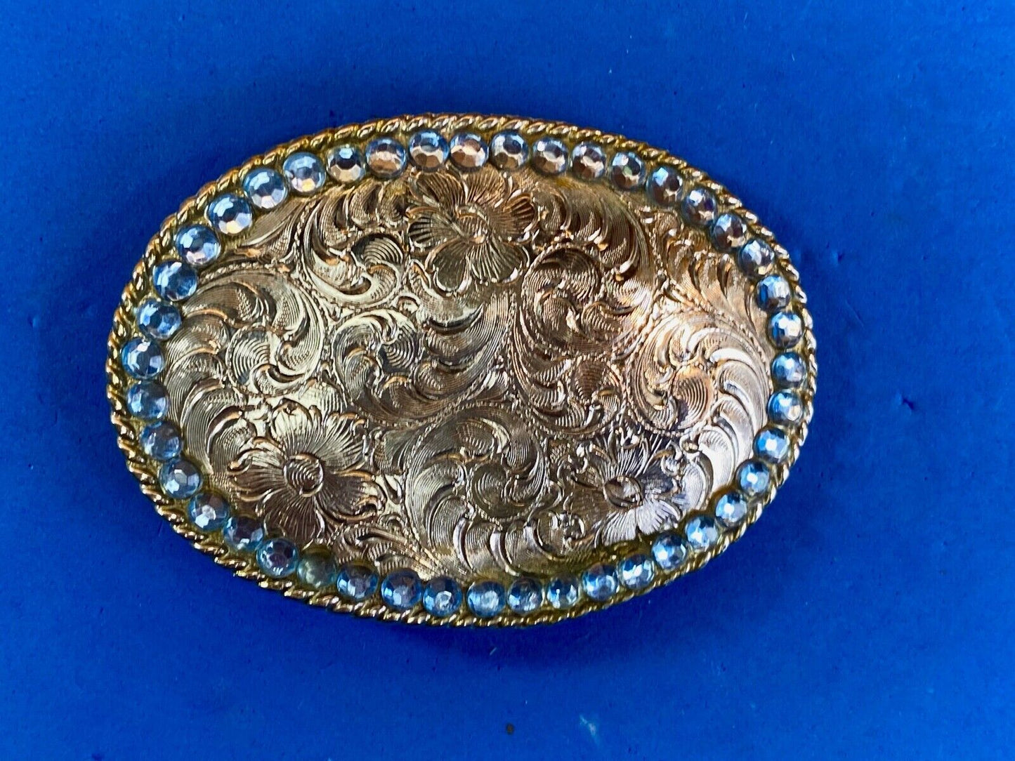 Beautiful Etched Western Swirl Belt Buckle Taiwan Roc With Blue Rhinestones
