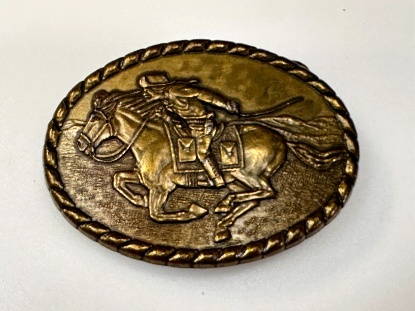 Vintage 1981 Pony Express Rider Mervyn's Commemorative Brass Tone Belt Buckle