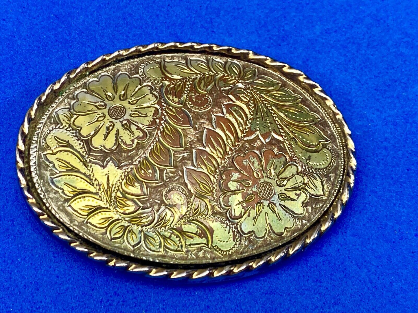 Vintage Etched? Mixed Metal Western flower oval belt buckle marked W