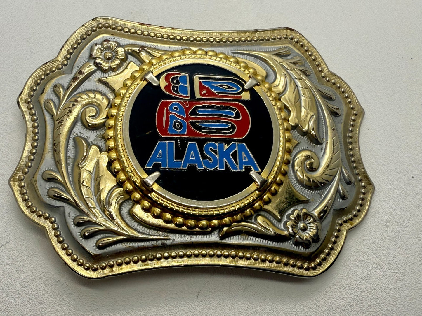 ALASKA Alaskan State Centerpiece on Gold Color Western Style Belt Buckle