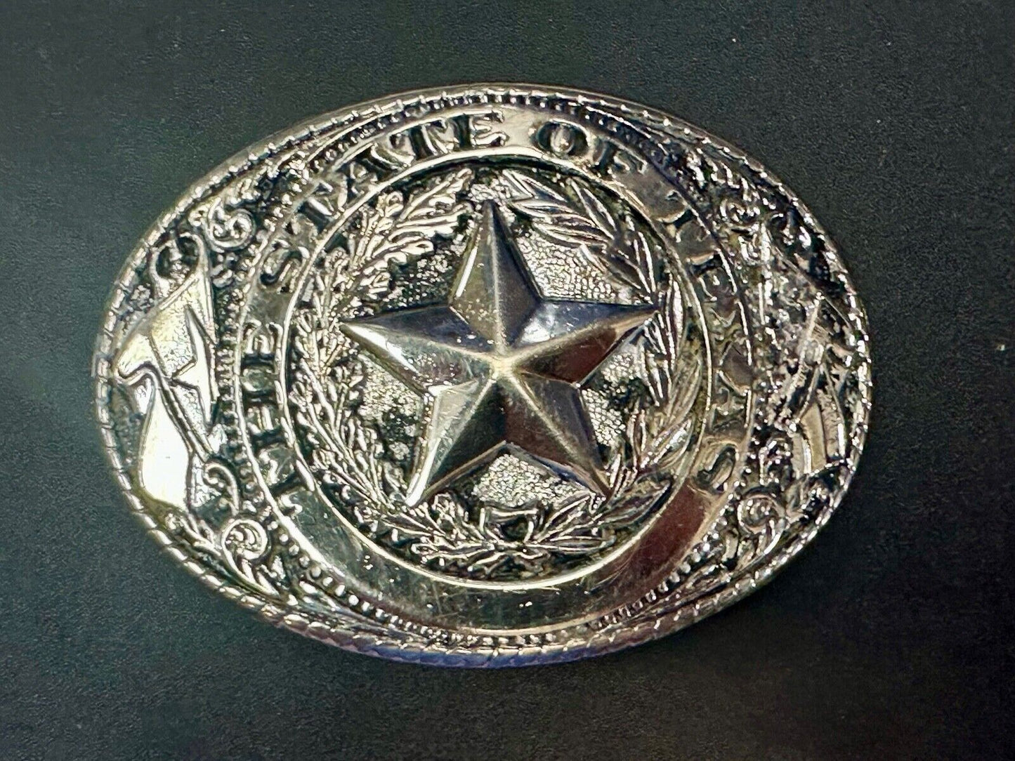 The Great State of Texas Star & Flag Silver color USA made western belt buckle