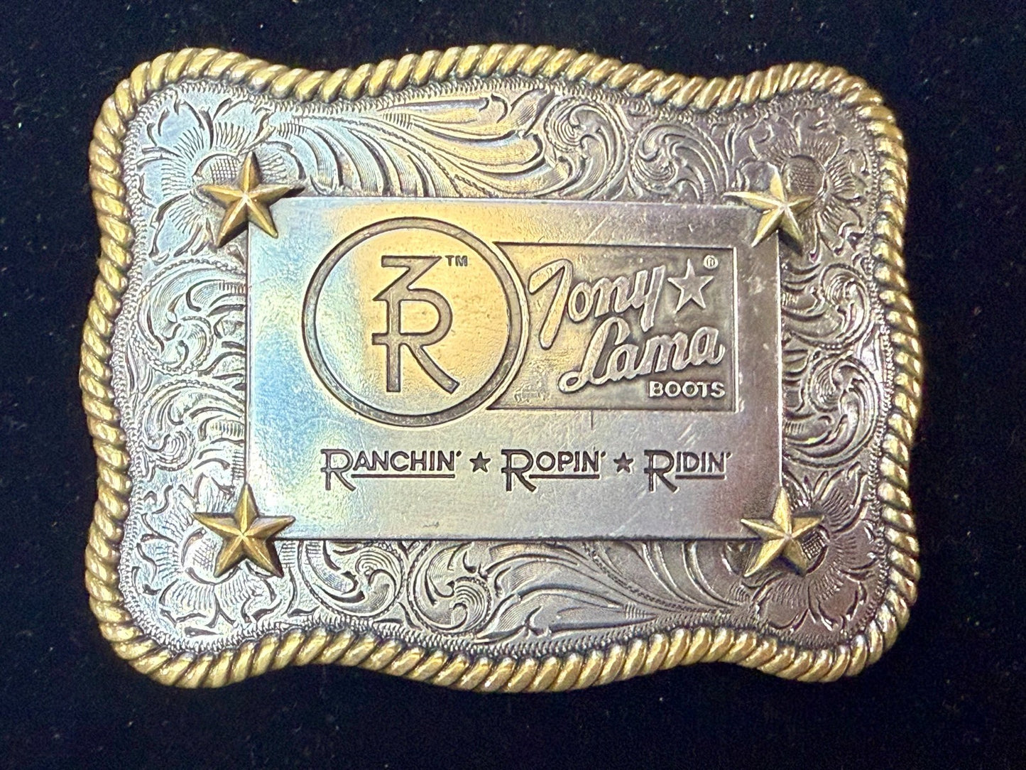 3R Ranch Ropin Ridin Gold Silver Tone Promotional Western Tony Lama Belt Buckle