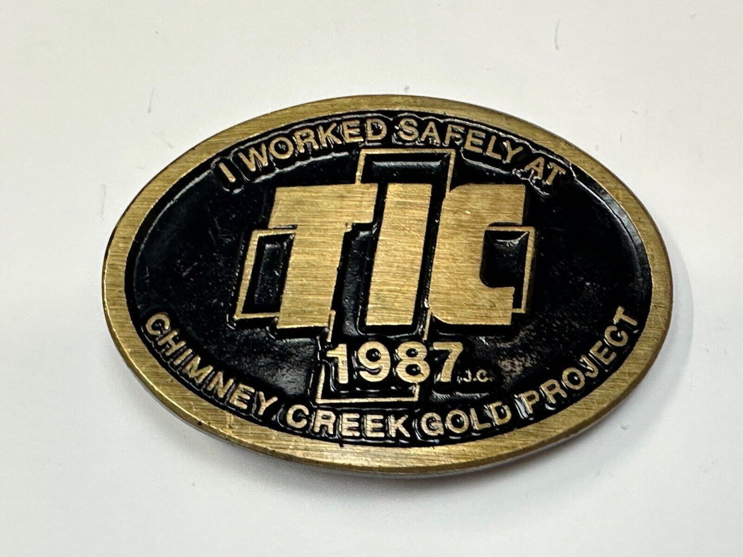 Vintage 1987 TIC Chimney Creek Gold Project Safety award brass belt buckle