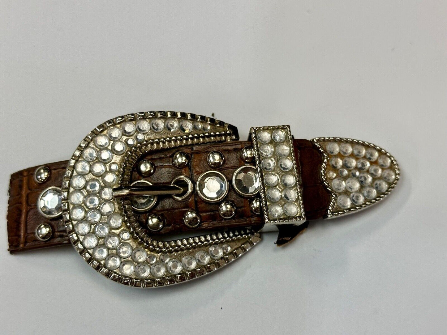 Three Piece western silver tone rhinestone ranger set belt buckle tip & keeper