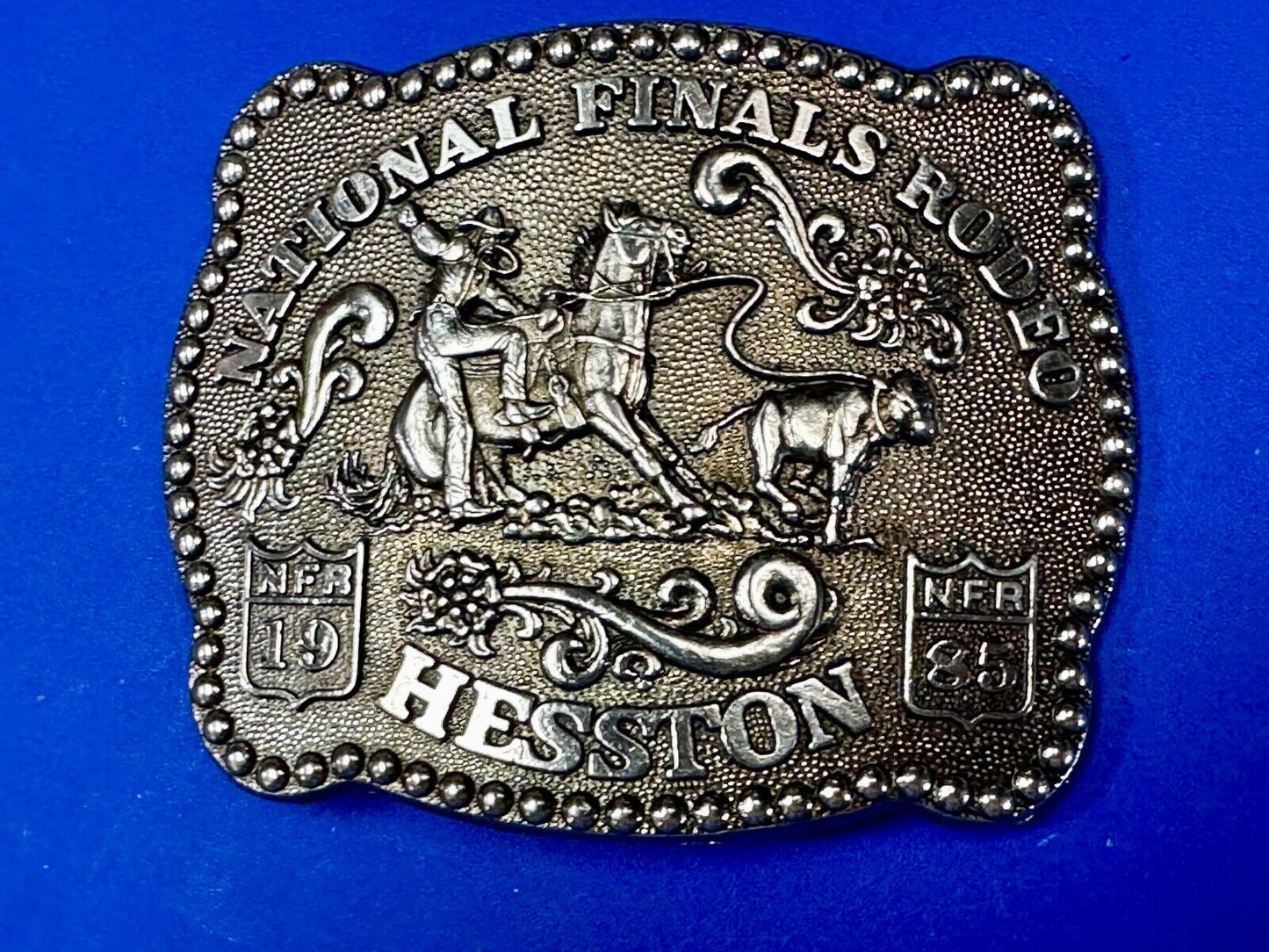 1985 NFR Rodeo Vintage Hesston Belt Buckle Steer Wrestling Cowboy