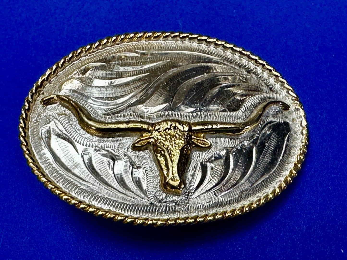 Beautiful Longhorn Western Cowboys Steer Vintage Two Tone Alpaca Mex Belt Buckle