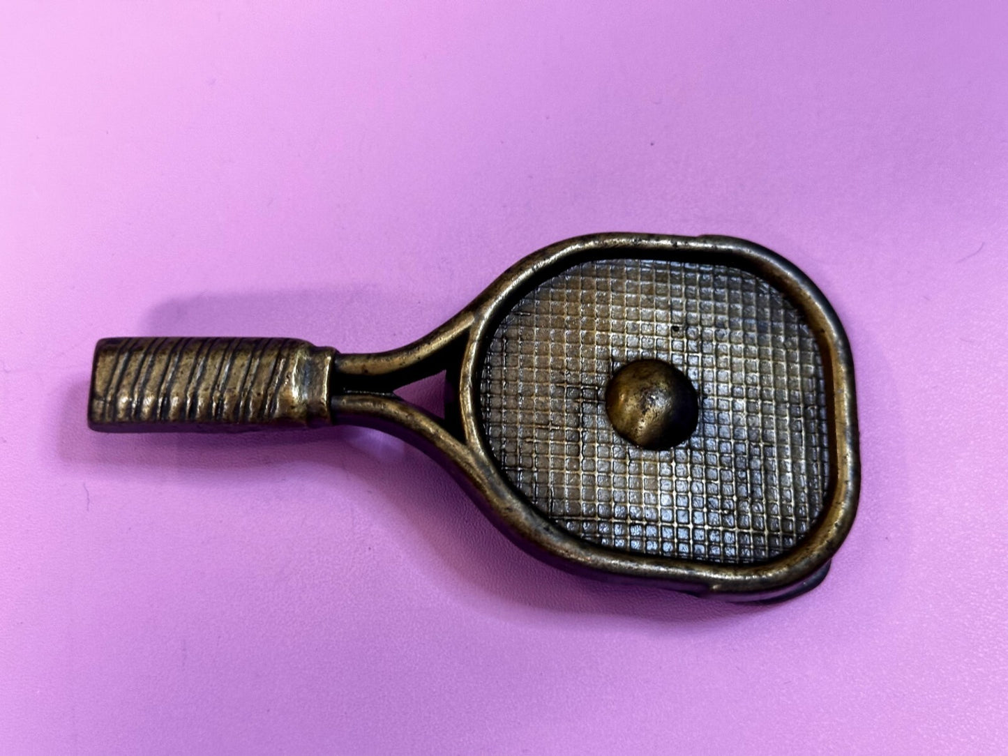 Tennis Racquet & Ball Figural Cutout Sports Game Brass Tone Vintage Belt Buckle