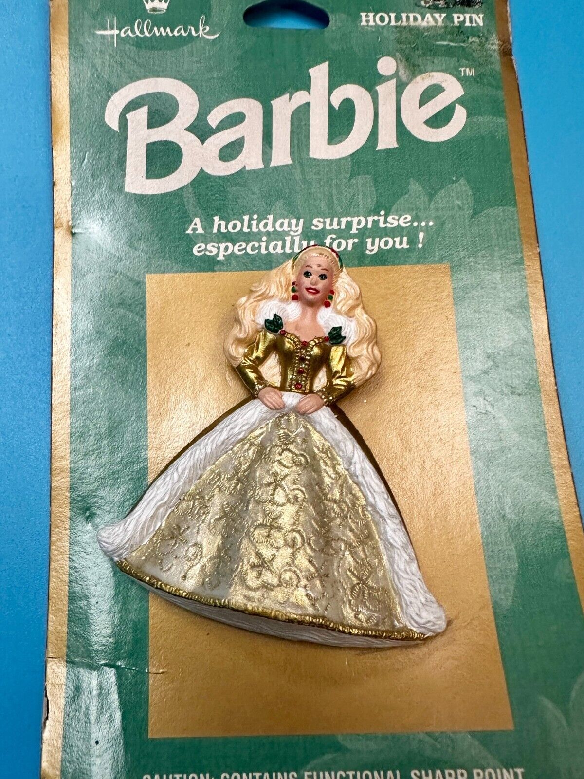 BARBIE DOLL HAPPY HOLIDAYS CHRISTMAS PIN BROOCH - HALLMARK 1996