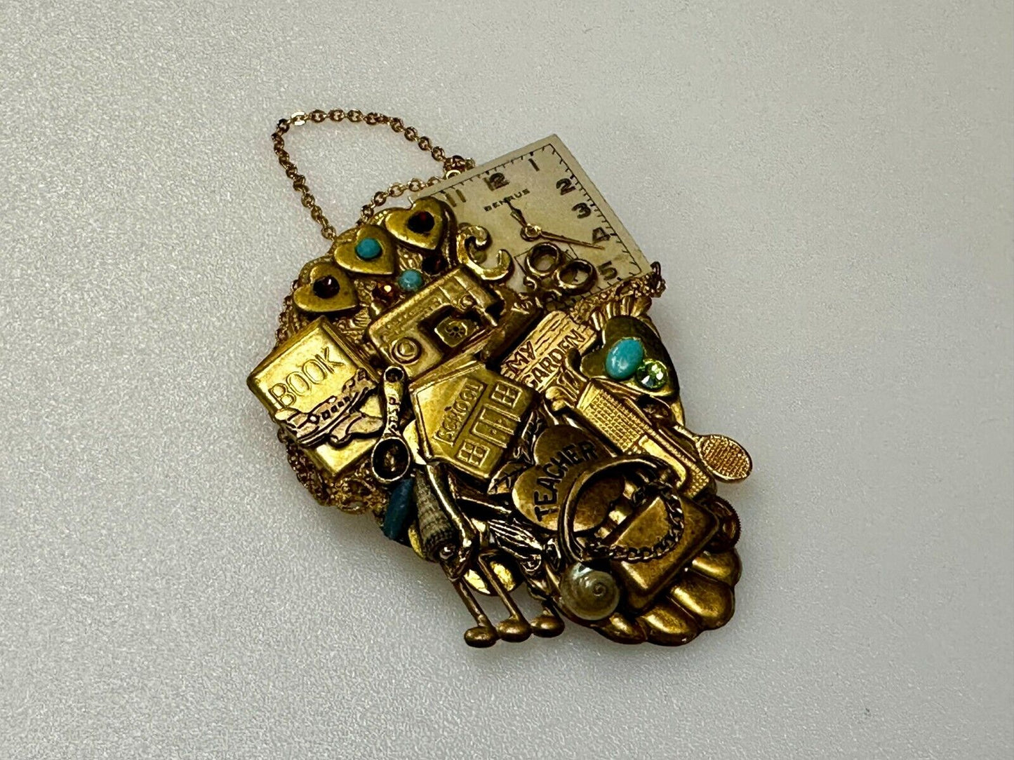 Teacher School Book My Garden Artisan Chain Charm Gold Tone Brooch Pin 2006