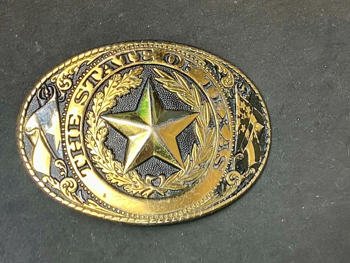 The State Of Texas Star Flag Ornate Gold Color Western Belt Buckle Marked W