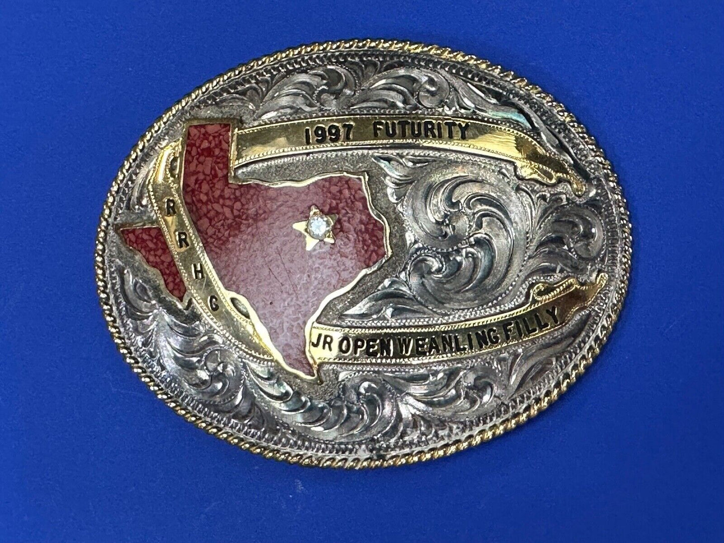 TEXAS Inlaid Coral Chip JR Open Weanling Filly 1997 Futurity Trophy belt buckle