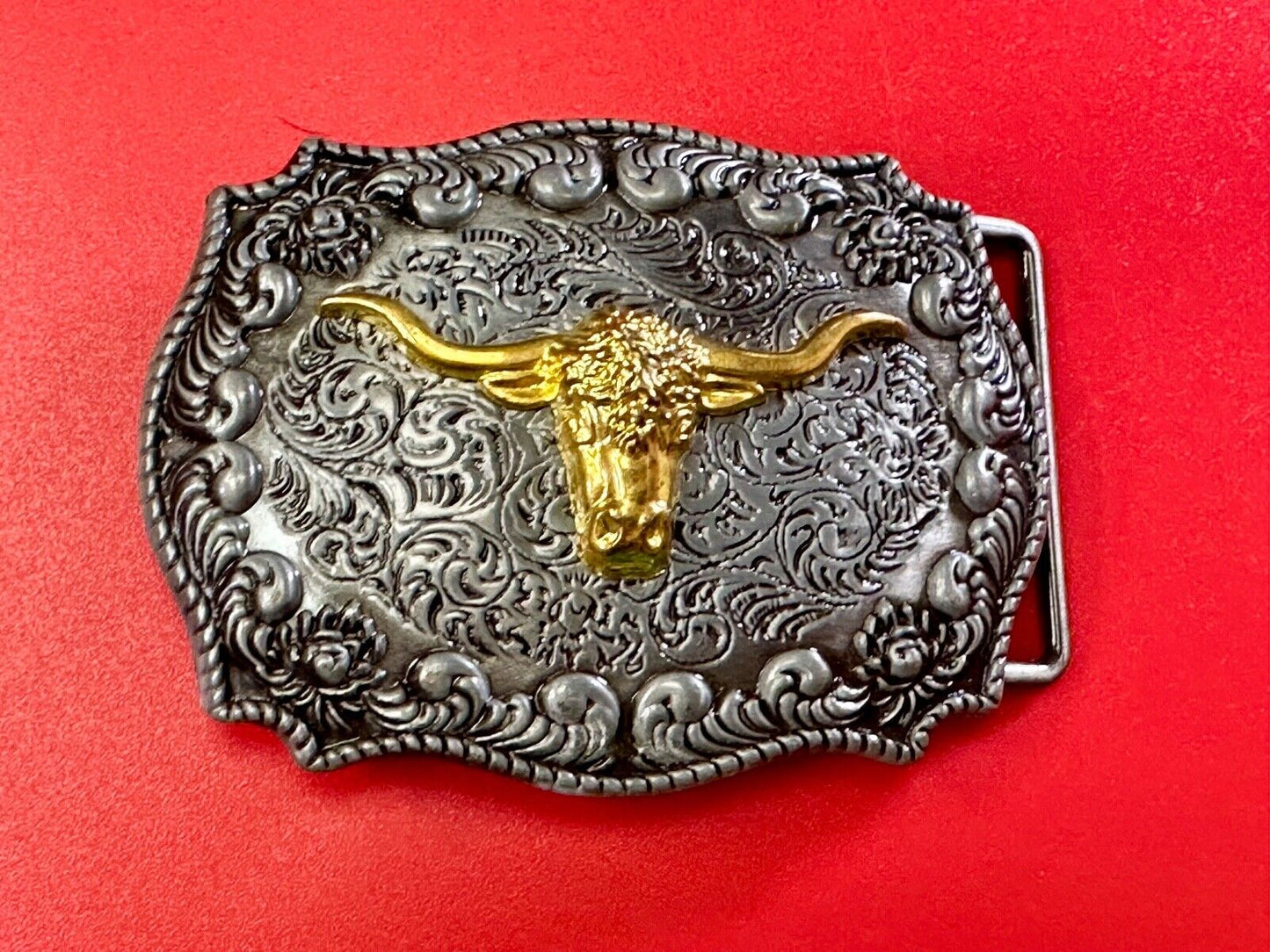 The Longhorn cow steer - cowboys cowgirls western raised two tone belt buckle
