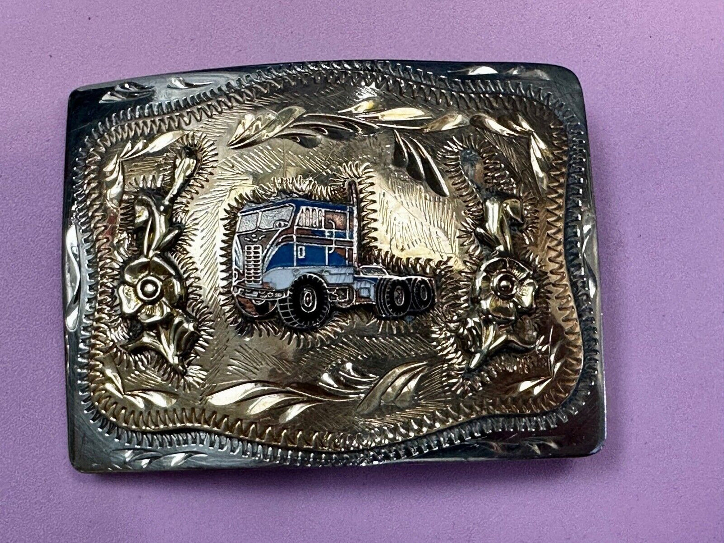 Beautiful custom Semi Drivers western two tone engraved accent Belt Buckle