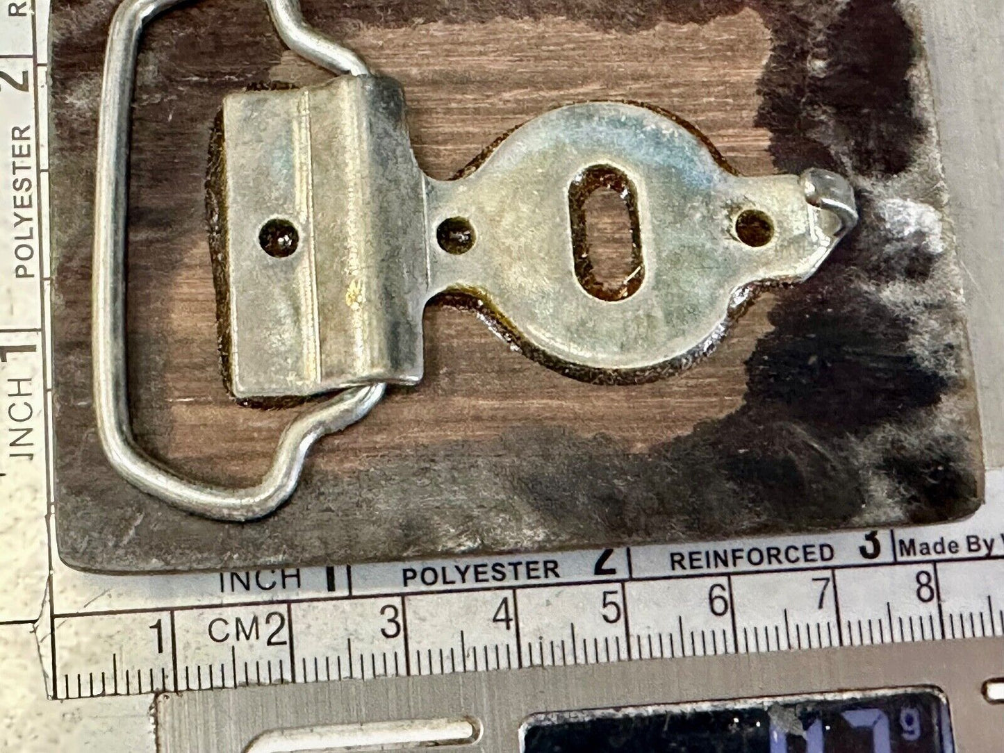 Artisan wood belt buckle with small inlaid sand dollar sea shell