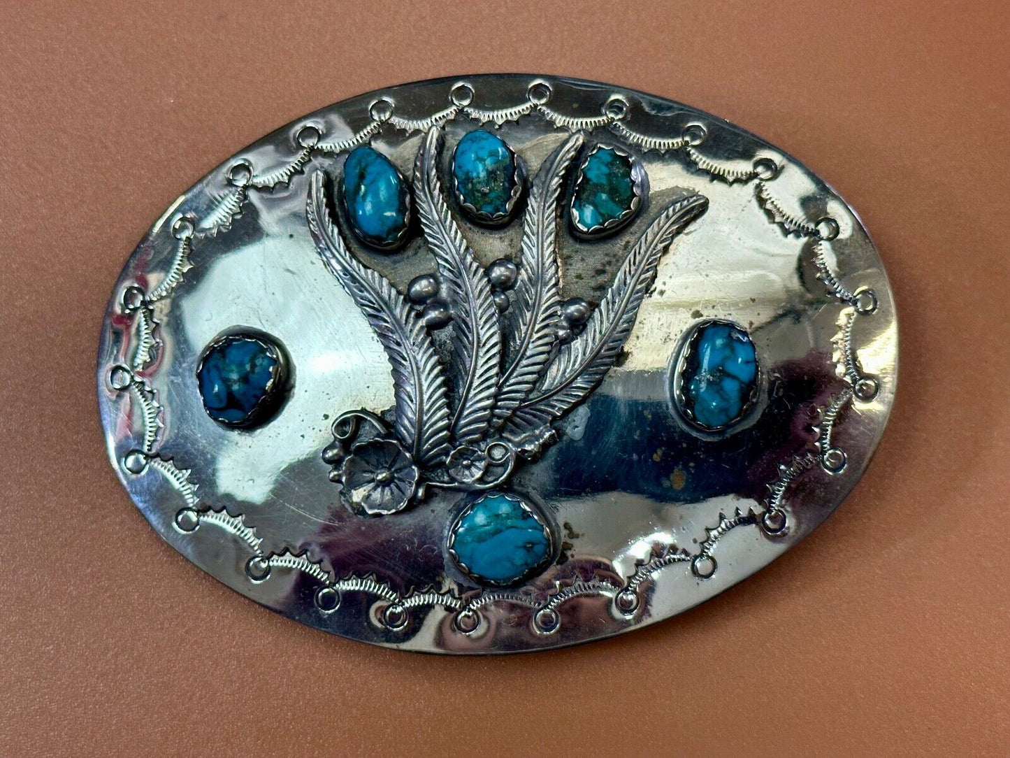 Unique 1980 signed multipal turquoise stones & Feathers belt buckle