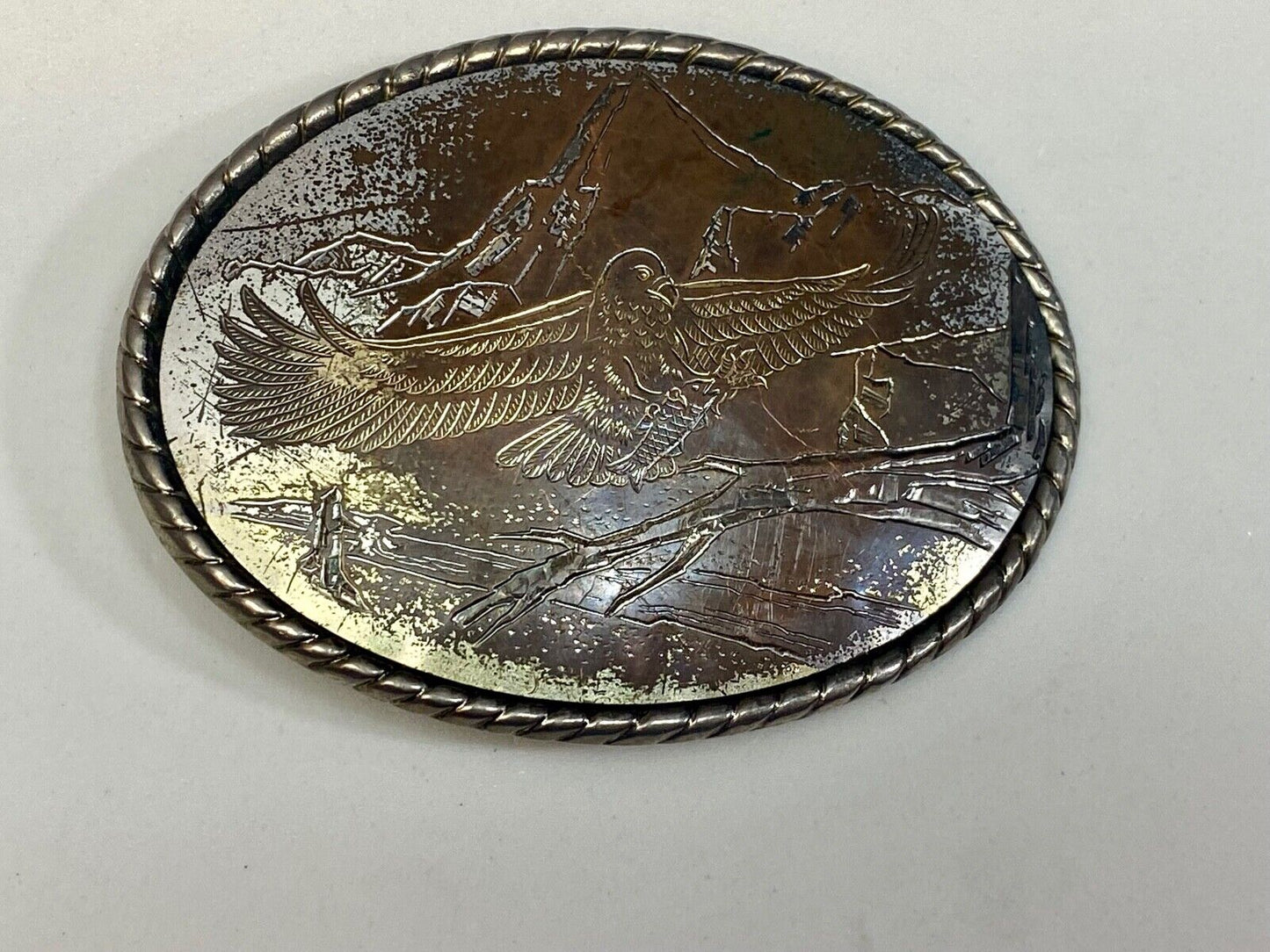 Vintage Engraved Western Ware Eagle Over Mountainside Belt Buckle Signed W